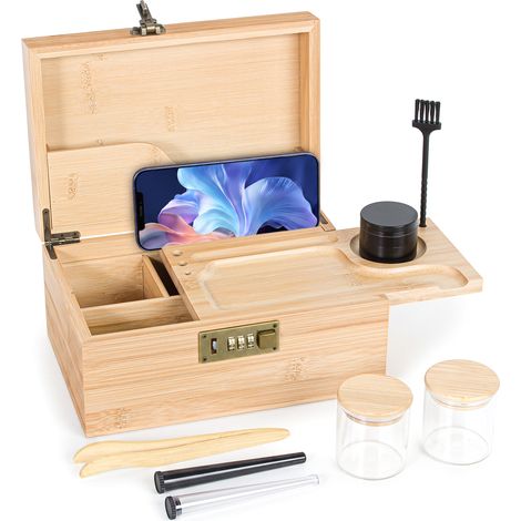 Boîte de Rangement en Bambou avec Serrure à Combinaison, Broyeur, 2 Bocaux en Verre, 2 Tubes à Essai, Pince, Brosse, Poignée Renforcée, Plateau Coulissant Amovible, Compartiments Modulables (1/5)
