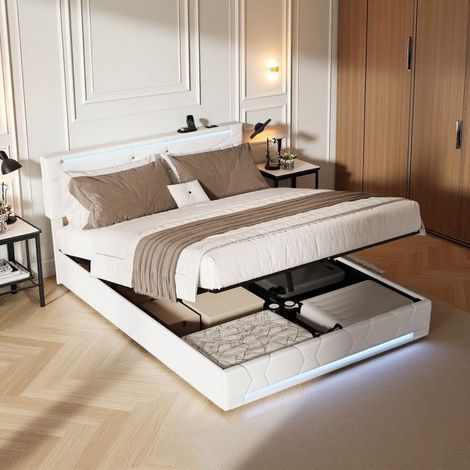 Cama Cofre Doble 140x190cm - Cabecera Ajustable - RGB Inteligente - Carga USB-C - Almacenamiento Máximo