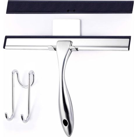 Raclette de Douche, Raclette de Fenêtre en Acier Inoxydable avec Crochet Adhésif sans Perçage, Lame en Silicone pour Essuie-glace de Verre, Nettoyage de Miroir de Salle de Bain et Fenêtre, Comprend 1 (1/5)