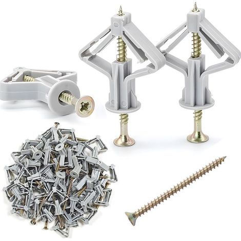 Butterfly Lot de 100 chevilles pour cloison sèche, plaques de plâtre avec vis autoforeuses de 50 mm, idéales pour les plaques de plâtre, les panneaux de fibres et les murs creux (50 chevilles + 50 vis (1/5)