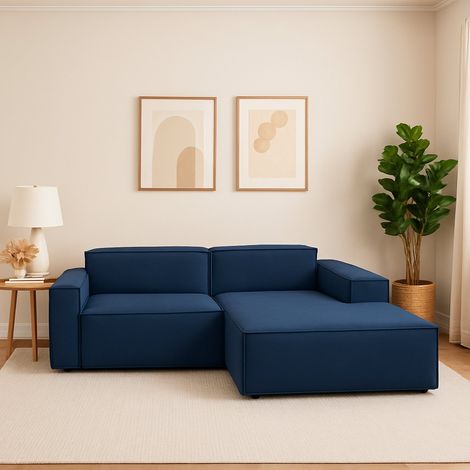 Dmora - Canapé fixe Dlorenz, Canapé modulable 2 places avec péninsule droite, 100% Made in Italy, Canapé moderne en tissu, Cm 220x170h70, Bleu (1/5)