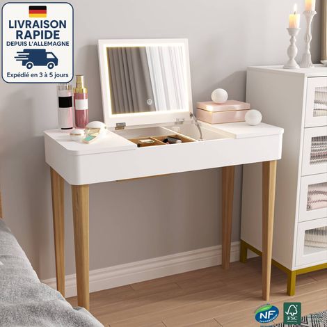 Coiffeuse 83,6 x 40 x 75 cm avec miroir, rangements et lampe, MDF, meuble de chambre, blanc (1/5)