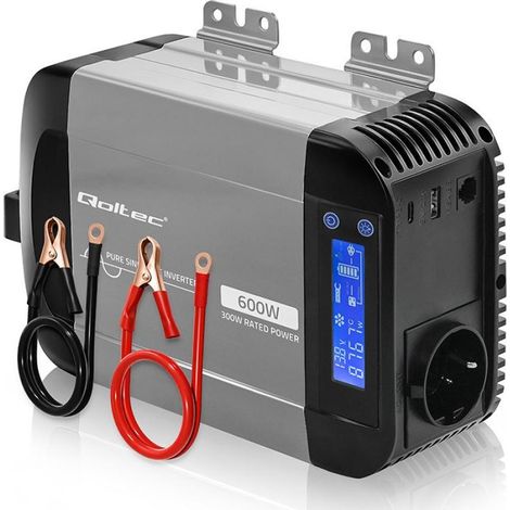 Convertidor de voltaje de onda sinusoidal pura Qoltec  12V a 230V  300/600W  LCD  USB  USB-C  Compatible con LiFePO4 GEL A