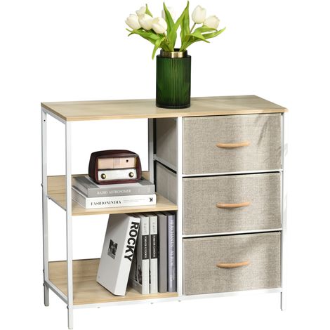 Chest of Drawers Storage  Dresser Cabinet Organizer with 3 Fabric Drawers and 2 Display Shelves for Living Room, Bedroom, Hallway, Beige