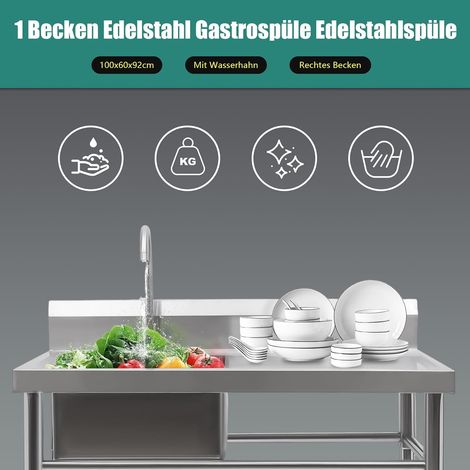 Edelstahl Küchenspüle Spültisch 1 Becken Rechts Gastrospüle Waschtisch Multifunktionswaschtisch Edelstahl Waschtisch Spülbecken Spüle Spültisch 100x60cm (1/5)
