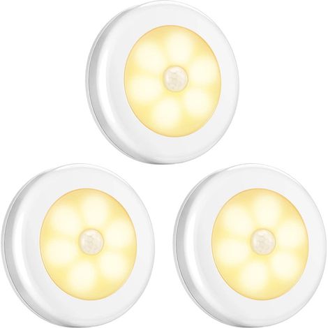 Lot de 3 lampes à détecteur de mouvement, veilleuses LED à piles, appliques murales pour couloir, salle de bain, chambre, cuisine, etc. (Couleur : blanc, lumière blanc chaud)
