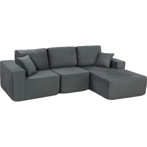 Modulares L-förmiges Schlafsofa, tiefe Sitzfläche, Cord, Dunkelgrau