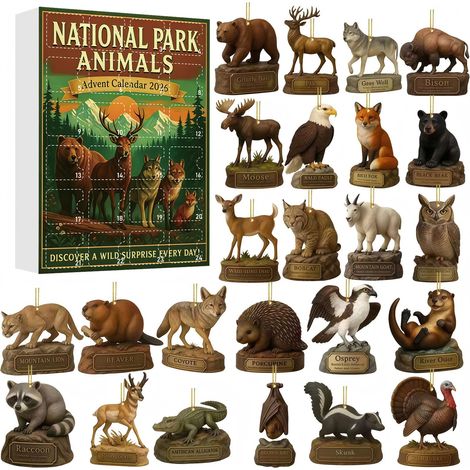 Calendrier de l'Avent Animaux des Parcs Nationaux - 24 jours - Pendentifs Animaux Sauvages en Acrylique 2D - Décoration de sapin de Noël pour les amoureux de la nature et des animaux (1/5)