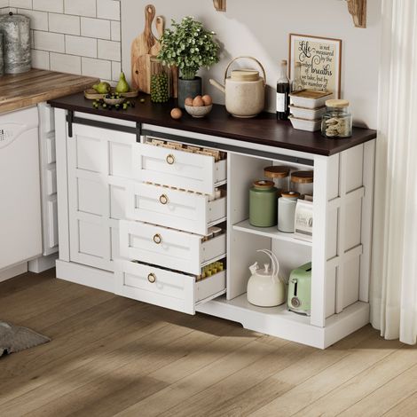 MEUBLIV Buffet 150 x 40 x 85 cm blanc – portes coulissantes et rangements (1/5)