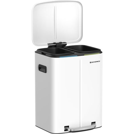 Poubelle Cuisine 2 x 20L, Poubelle Tri Sélectif, Poubelle Double, 2 Seaux Intérieurs en Plastique, Couvercle à Charnière, Poignée, Fermeture en Douceur, Hermétique, Blanc LTB40WT (1/5)