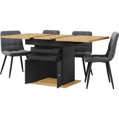 Mesa de comedor extensible 110-140 x 80 cm negra, MDF y metal, con 2 cajones y armario de almacenaje (1/5)