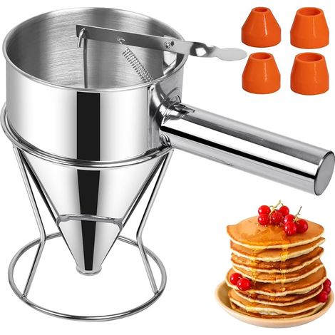 Entonnoir a Piston Inox, 1,2 Litre Entonnoir Cuisine Piston Patisserie avec Support et Quatre Embouchures en Silicone, Distributeur de Pate pour Gâteaux, Crêpes et Desserts (1/5)