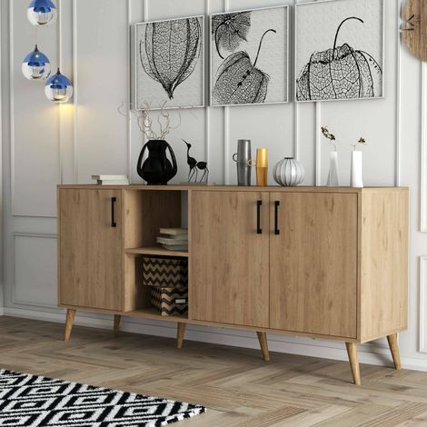 Vardah Sideboard, 3 Regalböden, Drehtüren, 3 Türen, 180x45x80h cm Eichebraun (1/5)