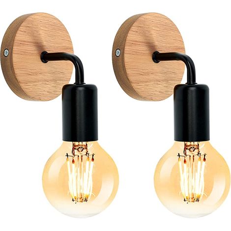 2x Aplique de Pared Industrial de Madera Reglable 360° E27 Estilo Retro Rústico para Baño, Cocina, Café, Bar, Isla de Cocina, Salón, Loft - Negro (1/5)