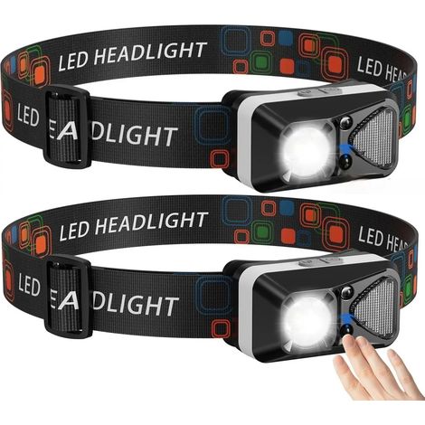 Lot de 2 lampes frontales LED à détecteur de mouvement, rechargeables par USB, lumière blanche, pour la course à pied et le camping. Lampe frontale portative. (1/5)