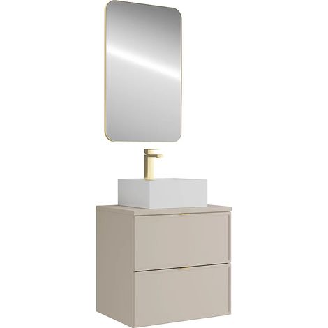 Meuble de salle de bain suspendu avec vasque à poser carrée, robinet et miroir - Beige - 60 cm - ONDIL (1/5)