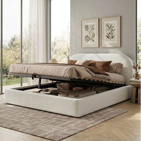 Doppelbett 160x200 cm Beige Bouclé mit hydraulischem Stauraum und gepolstertem Kopfteil (1/5)