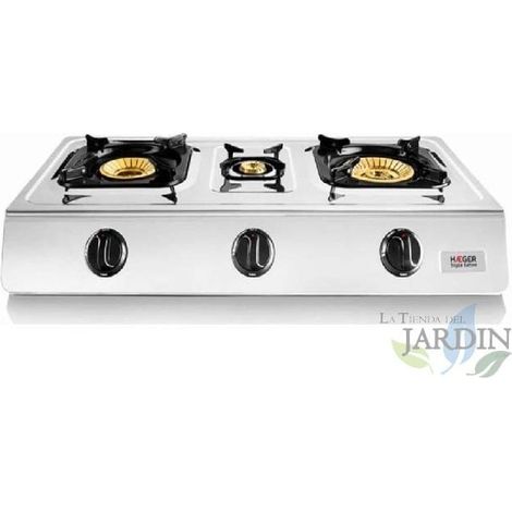 Cucina a gas 3 fuochi Haeger.  Acciaio inossidabile.