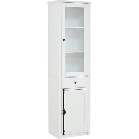 Grande vitrine haute 55 x 40 x 200 cm, vitrine sur pied avec une tablette, vitrine en verre avec LED, blanc, avec poignées en métal et en alliage d’aluminium (1/5)