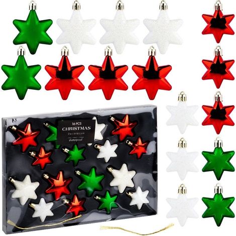 Boules de noel incassables etoiles rouge vert blanc 65 cm 16 pcs