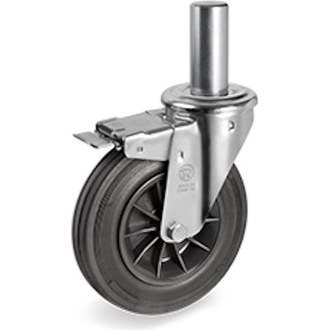 Roulette Frein à TIGE LISSE Ø 22 x 47 mm , Caoutchouc NOIR Ø 100 mm 70 Kg