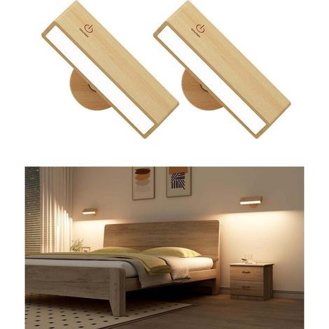 Lot de 2 Applique Murale Intérieure Bois,Lampe Murale Sans Fil Rechargeable USB,Réglage de La Luminosité Applique Murale Sans Fil Chambre (1/4)