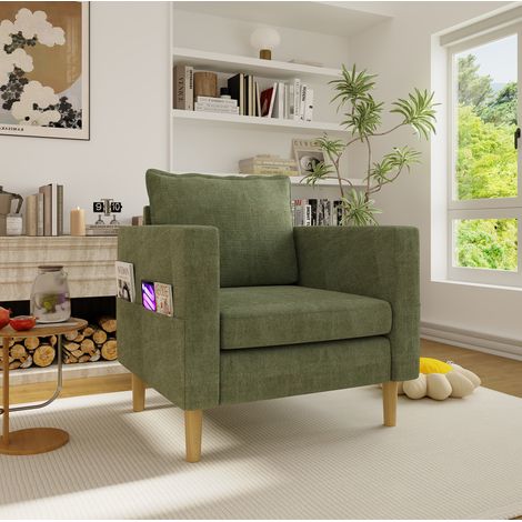 Poltrona da lettura in ciniglia verde oliva 71 x 68 x 82 cm con tasca laterale e cuscino incluso (1/5)