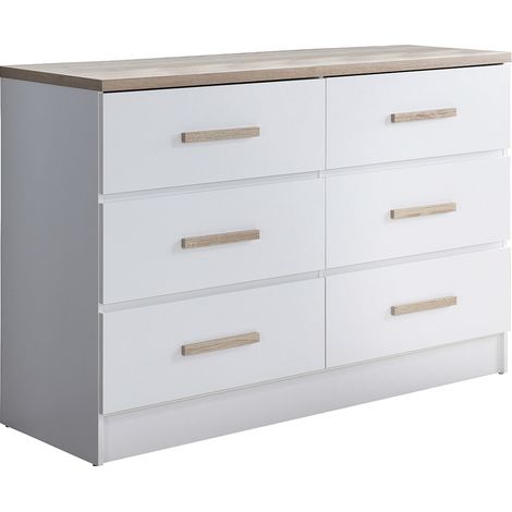 Vente-Unique – Commode enfant 6 tiroirs – Blanc et naturel – MDF et panneau de particule – Longueur 120 cm, Hauteur 81.9 cm, Profondeur 40 cm (1/4)
