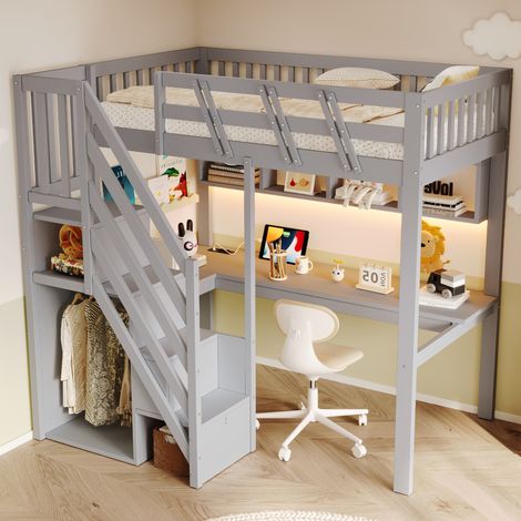Letto a soppalco 90x200 cm grigio in legno con scrivania, LED e contenitori (1/5)