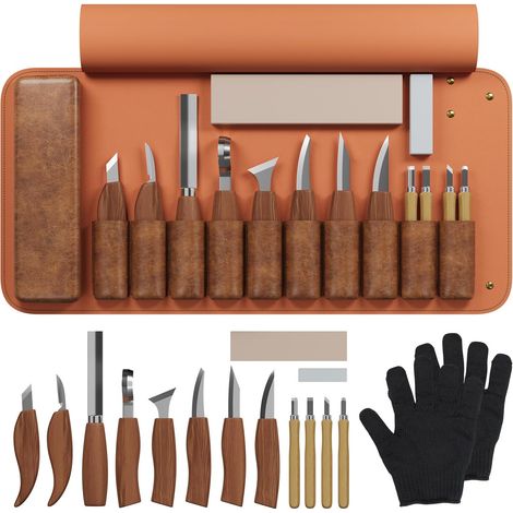 Deluxe Wood Carving Kit: Hand Carving Tool Set, 16 High Carbon Steel Woodworking Tools, 8 Whittling Knives and 4 Detailed Carving Knives