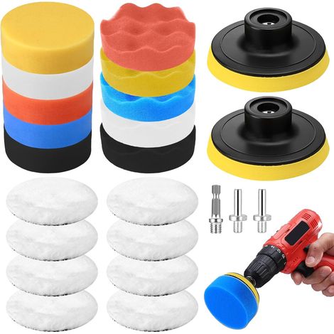 23 Pcs Pad Polissage Voiture, 76mm Pad Éponge de Polissages Éponge Polir Kit Disque Polissage Voiture en Laine pour Lustreuse Polisseuse Voitures, avec M10 Foret, pour Ponçage Cirage (1/5)