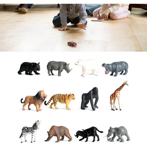 Lot de 12 figurines d'animaux réalistes (lion, tigre, éléphant, ours, hippopotame, buffle) pour décorer la maison des enfants et des garçons.