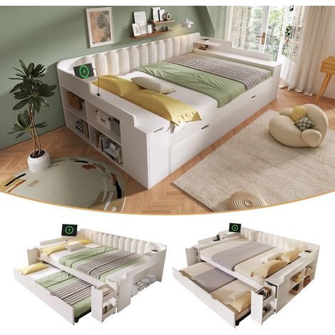 Lit banquette gigogne 140x190 cm avec rangements, USB et Type-C, bois blanc et dossier Sherpa (1/5)