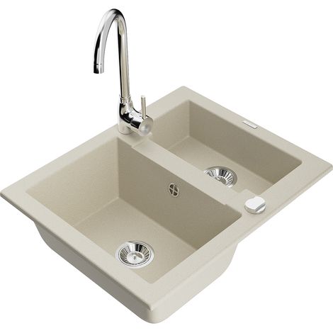 Mexen Carlos 1,5-fach Spülbecken aus Granit mit Küchenarmatur Telma, beige - 6518-69-670200-00 (1/5)