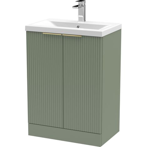 Fluted Front Floor Standing 2 Soft Close Door Bathroom Vanity Unit with 1 Tap Hole Ceramic Basin, 600mm, Satin Green, Brushed Brass Handles (1/5)