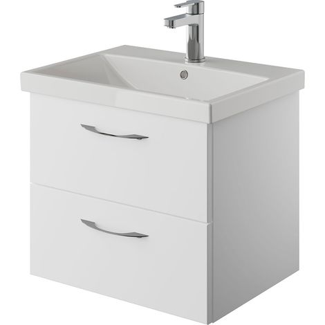 Badezimmer Waschtisch in weiß Glanz und Schneeweiß Glanz mit Keramik Waschbecken VILLATORO-66, B/H/T ca. 60/53,2/45 cm (1/5)