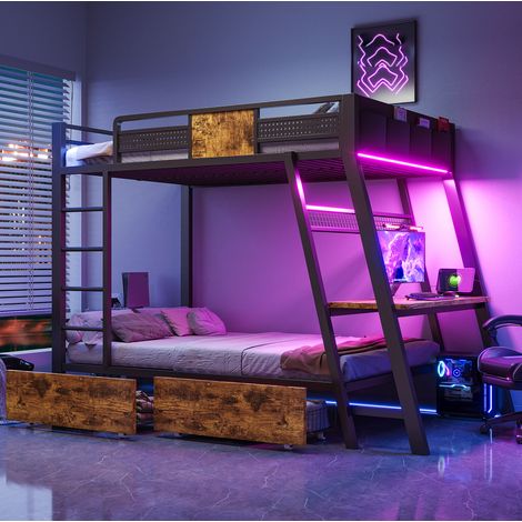 Letto a castello 90 x 200 cm con scrivania gaming integrata, prese, USB e Type-C, LED, nero HAVRYA (1/5)
