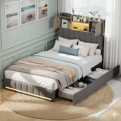Letto 90x200 cm - Letto singolo - con testiera contenitore, stazione di ricarica, 2 cassetti e illuminazione a LED - Tessuto in lino grigio (1/5)