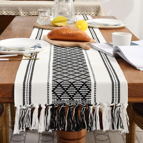 Bohème de Coton Chemin de Table Noir et Blanc Tissu Moderne Chemin de Table Tressé élégant 183 cm avec Gland (Noir, 183 cm) (1/5)