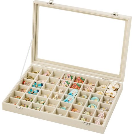 Plateau à bijoux - 48 compartiments - Velours et verre - Séparateurs réglables - Rangement bague boucle d'oreille - 35x24x5 cm (1/5)