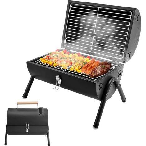 Barbecue au charbon de bois Petit Grill Pliable Double Surface de Cuisson BBQ Mini Grill en Valise avec Couvercle Grill de Table (1/5)