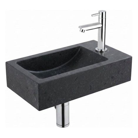 FugaFlow Eccelente Pietra ensemble de lavabo - 22x40x10cm - 1 trou de robinet - droite - pierre naturelle - robinet de lavabo chrome - foncé (1/2)