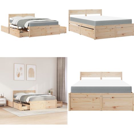 Lit avec tiroirs et matelas 140x190 cm bois massif de pin - Lit Double - Lit Plateforme - Meuble Chambre À Coucher - Sommier Tapissier - Literie - Home & Living (1/5)