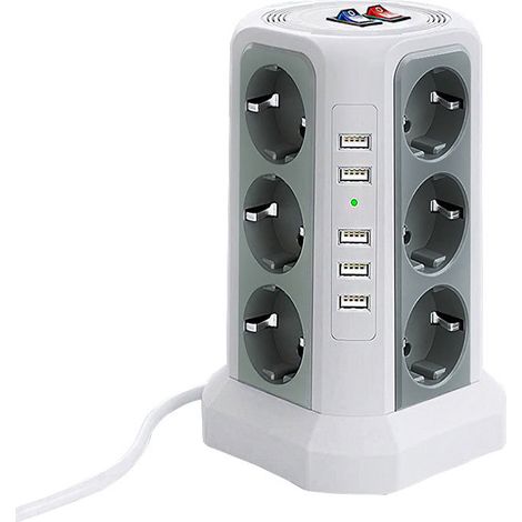 Multiprise Verticale Multi-Tours Prise Ue Prises 12 Voies Avec 5 Commutateurs De Protection Contre Les Surcharges Usb Blanc (1/3)