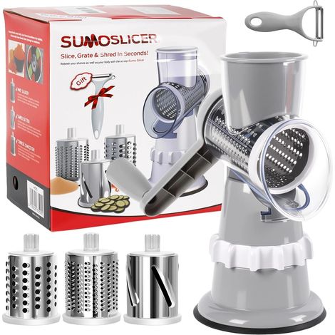 Manual Vegetable Slicer Cheese Grater with 3 Drum Blades Multifunctional Kitchen Mandolin Manual Grater Vegetable with Crank for Cheese, Nuts, Cucumber, Carrot (1/5)
