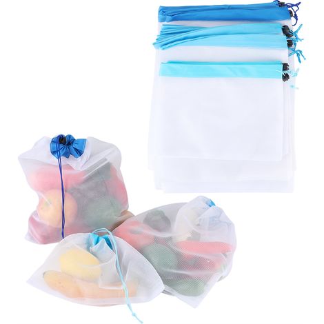 12 sacs à provisions réutilisables, pochettes à cordon en maille polyester pour conserver fruits et légumes (1/5)