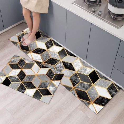 Tapis de Cuisine Absorbant Antidérapant - Lavable en Machine Tapis de Bain - 40 x 60cm & 40 x 120cm Noir Gris Rectangulaire (1/4)