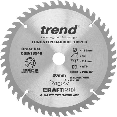 Trend Lama per sega CraftPro Trimming Crosscut TCT, 184 mm x 48 denti x 20 mm alesaggio, punta in carburo di tungsteno, CSB/18548
