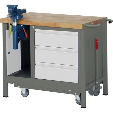 STIER Werkbank Premium, mit abs. Fahrgestell, 3 Schubladen und Schraubstock, 100x70x88cm, Stahl & Buche (1/5)