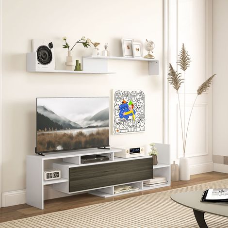 Noir et blanc - Armoire TV avec étagère murale, étagères ouvertes et placard en bois, placard TV moderne pour salon et chambre